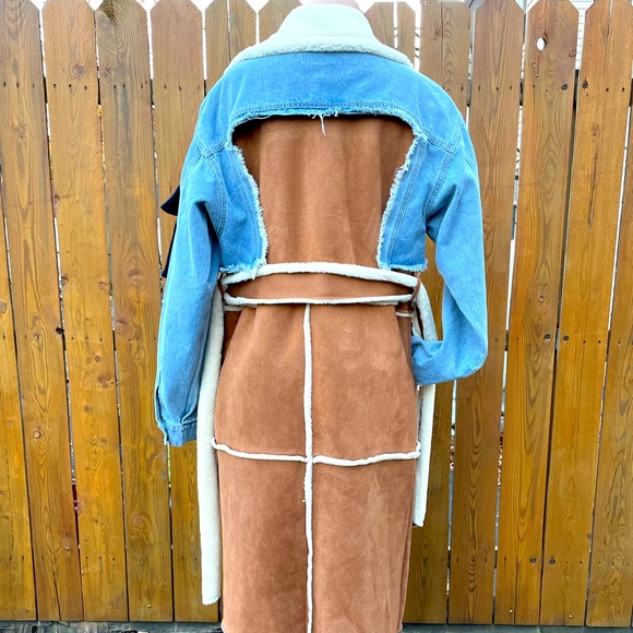 New - Women’s Denim & Faux Suede patch work belted trench coat - Picture 4 of 7